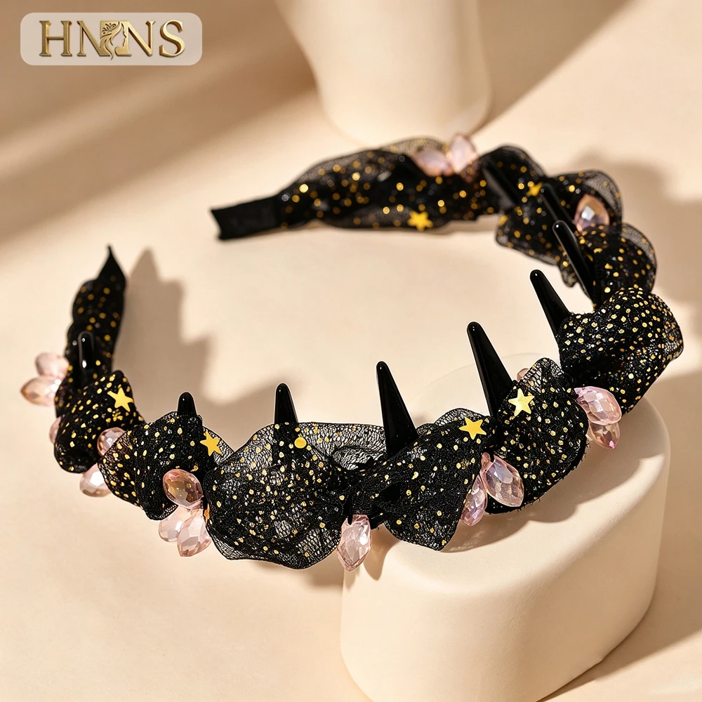HNNNS Black Glitter Star Mesh Headband With Pink Crystal Non Slip Teeth Hair Hoop Elegant Women Hair Band For Daily YXA434