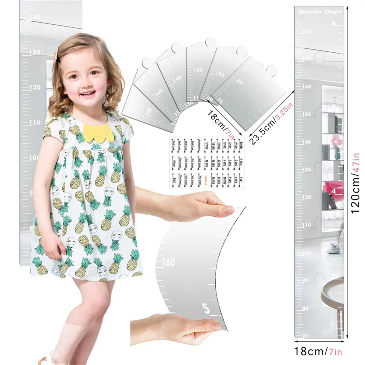 ●Acrylic Height Measurement Wall Sticker Growth Chart Mirror Decor Ruler Scale 70-180cm 18x120cm