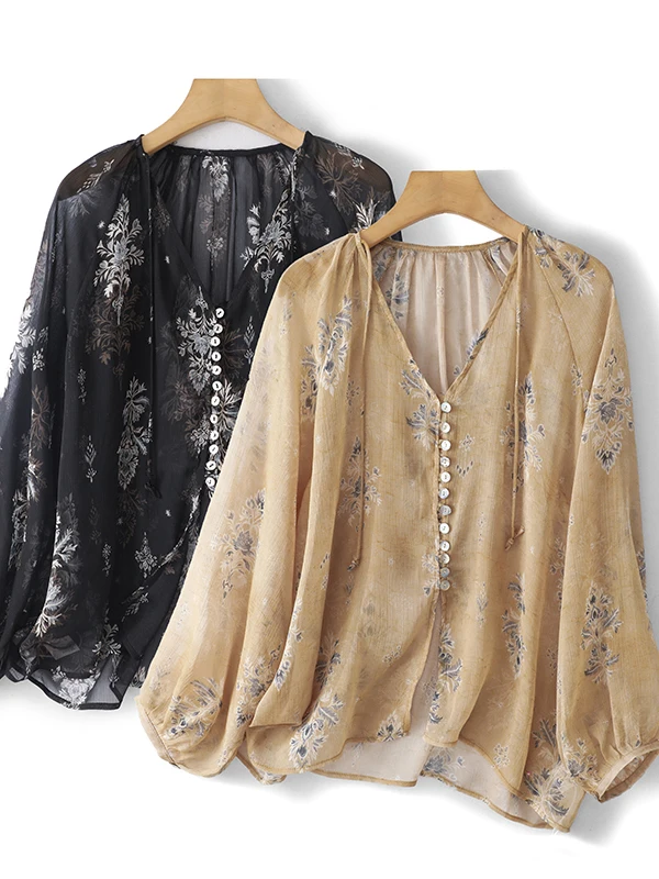 

Heavy Embroidery V-Ne Silk irt Women Summer Thin Loose Lazy Sle Sun Protection irt Retro Top Breathable Long Sve