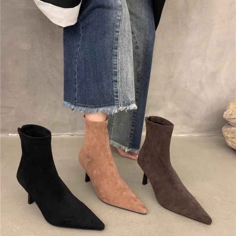 Sexy Thin Low Heels Pointed Toe Ankle Boots Woman Party Shoes Fashion Spring Autumn Zipper Concise Short Booties