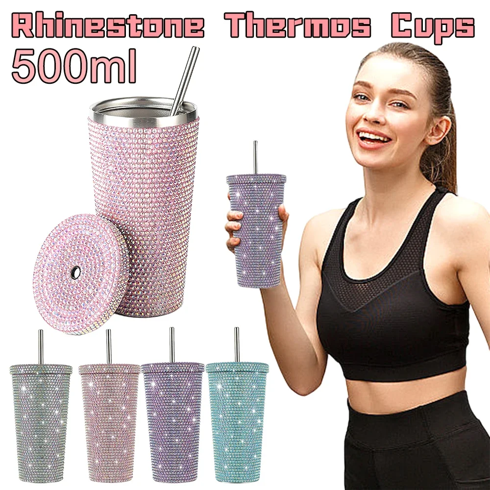 500ml Bling Diamond Thermos Bottles Portable Glitter Rhinestone Water Bottle Crossbody Stainless Steel Thermal Flask Straw Cup