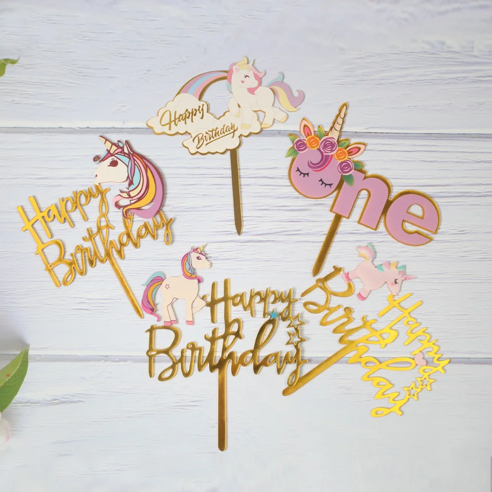 Acrylic Cake Topper Happy Birthday Cake Decorations For Baby Shower Mermaid Unicorn Party supplies Wedding Dessert Top Flag