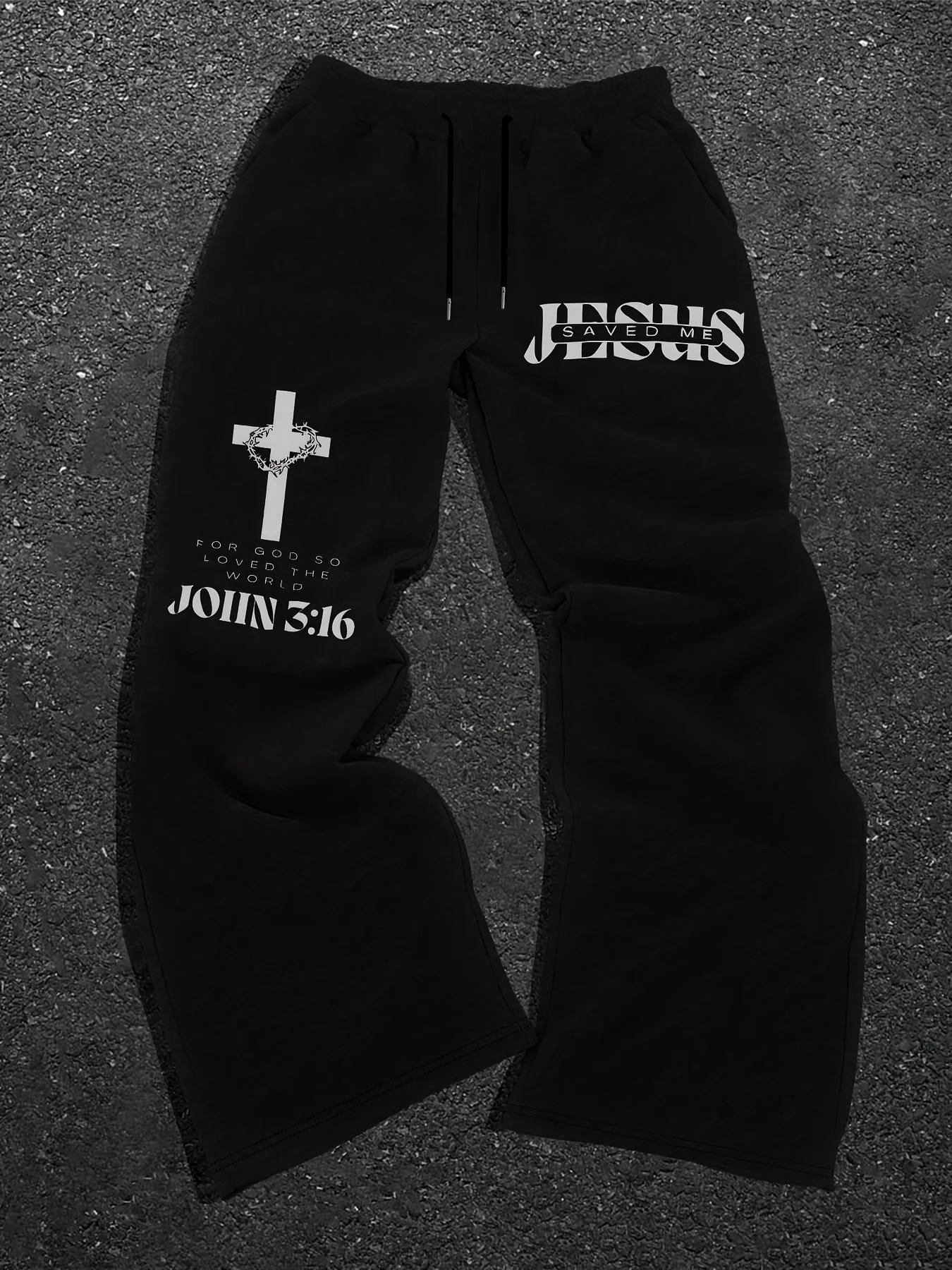 Men's Jesus Bible print drawstring sweatpants with cross pattern, casual and comfortable for jogging, classic and versatile