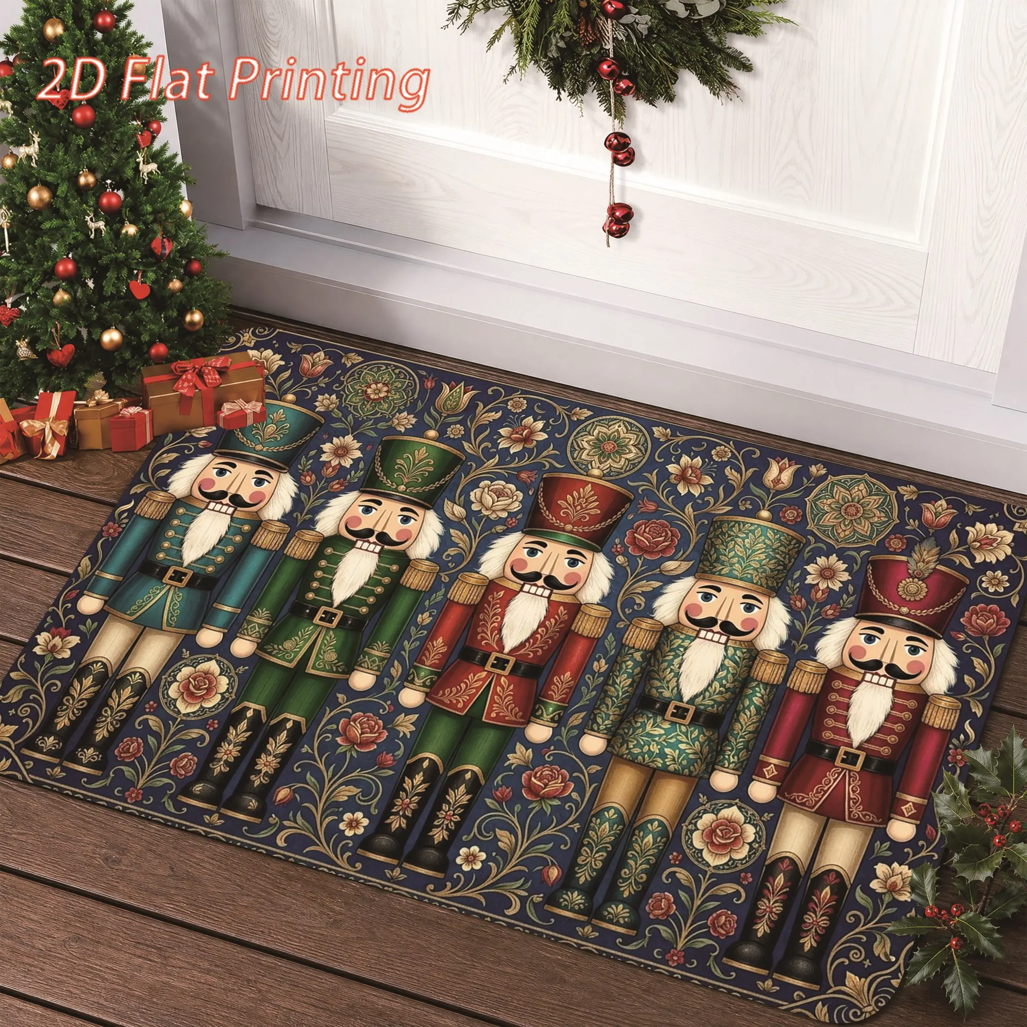 Dark Blue Snowflake Gnome Xmas Doormat 2D Flat Print Rug Lovely Gnome Characters Winter Seasonal Porch Indoor Entry House Accent