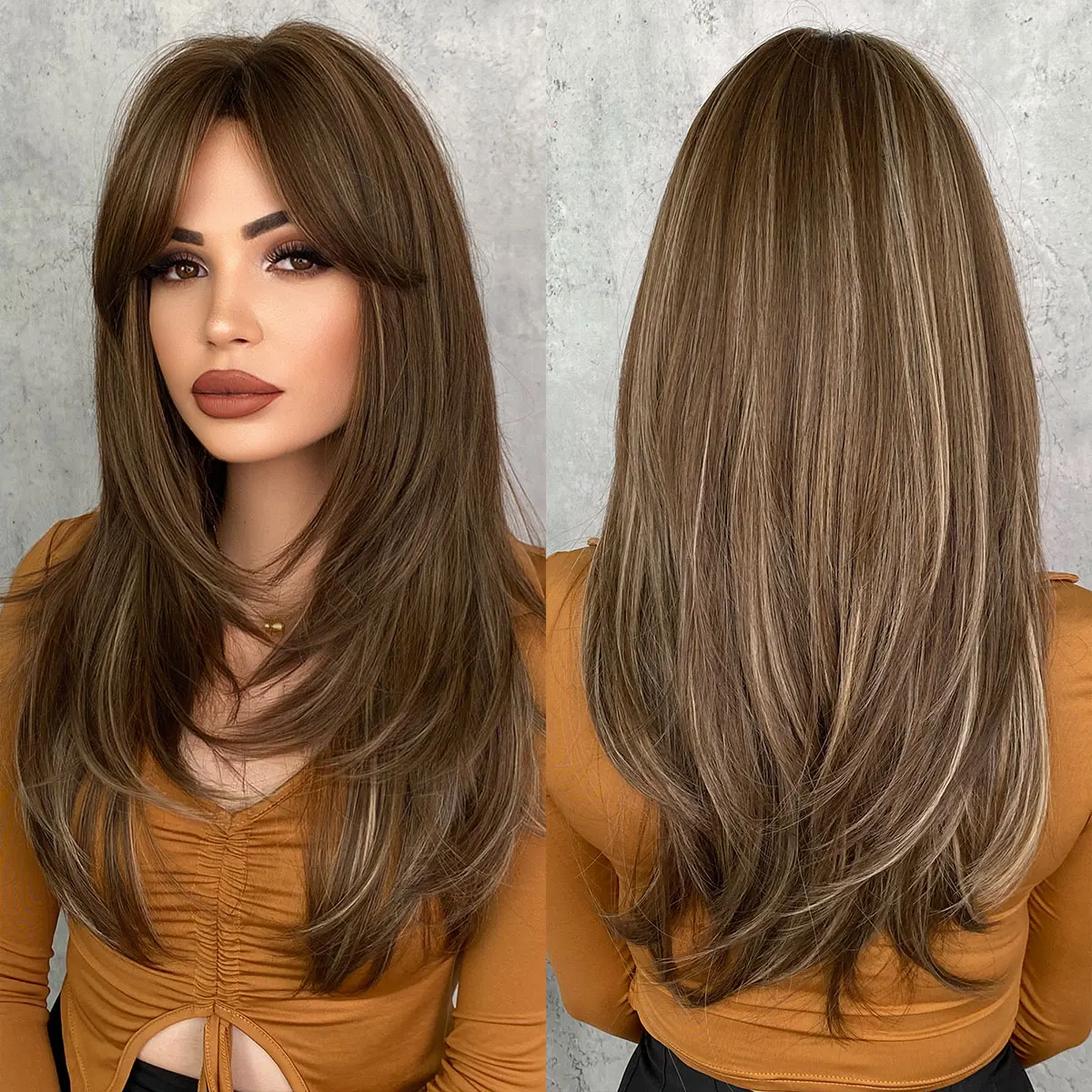 

Blonde Wig With Bangs Long Brown Wigs for Women,Layered Heat Resistant Synthetic Wigs Pelucas Perruques Peruca