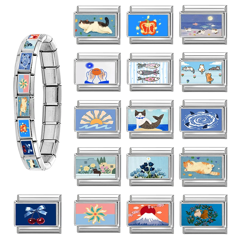Y2K Summer Puppy Cat Fish Whale Bow Blue Charm Italian Links Fit 9mm Bracelet Stainless Steel DIY Making Jewelry Gifts Wholesale