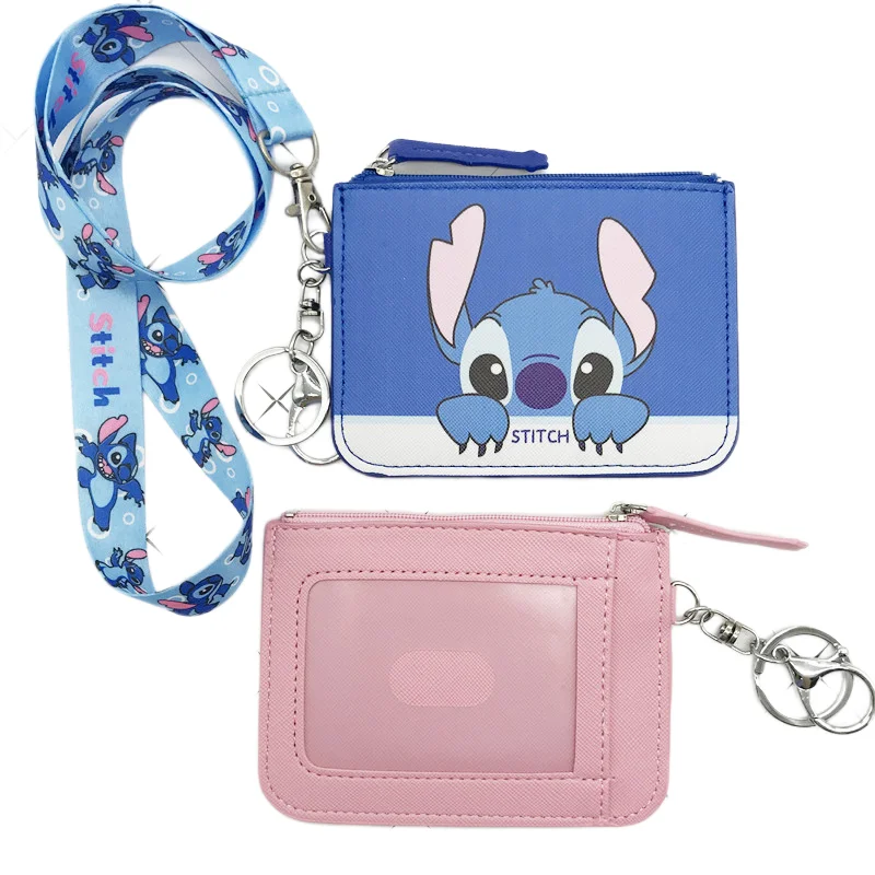 Disney Cartoon Coin Purse Cute Stitch Hanging Neck Long Rope Card Coin Storage Bag Mini PU Anti-lost Child Wallet Child Gift