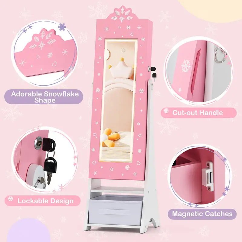 

Jewelry Armoire Freestanding Jewelry Cabinet with 3-Color Lighted Full Length Mirror-Pink