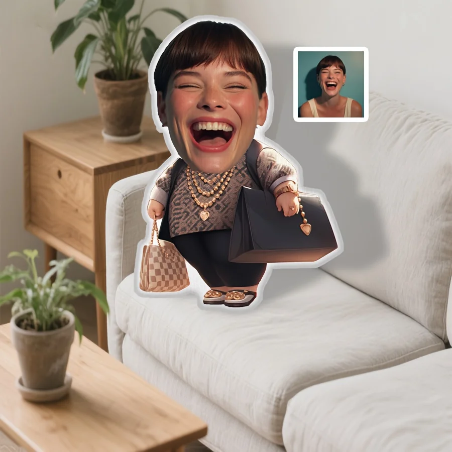 Create a unique pillow that showcases the facial features of both men and women, perfect for fashionable women who love shopping