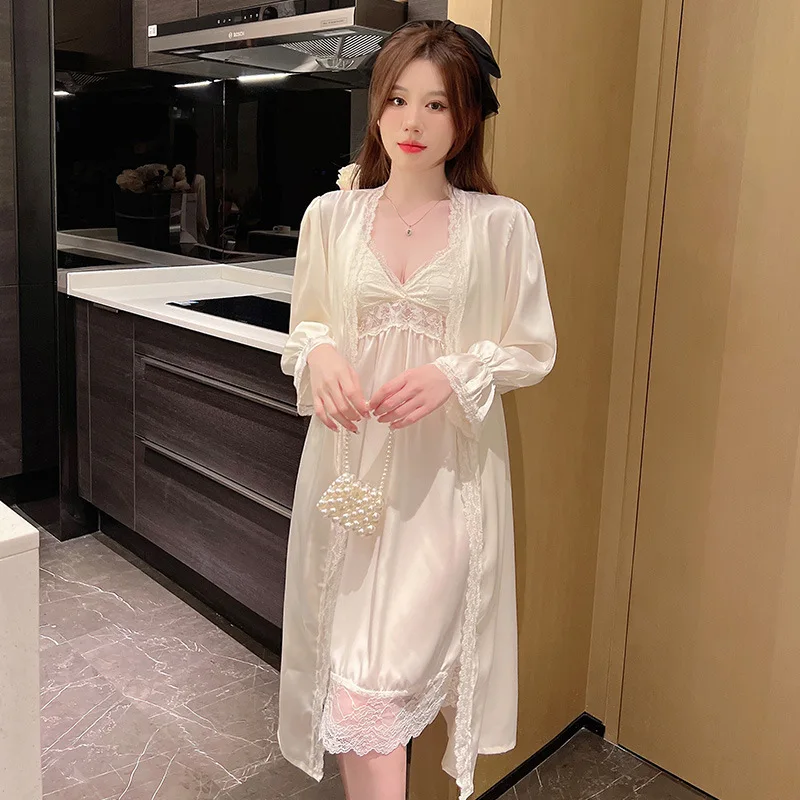 Robes Set for Women Satin Bride Wedding Kimono Bathrobe Gown Sexy Lace Patchwork Lingerie V-Neck Nightgown Sleepwear Loungewear