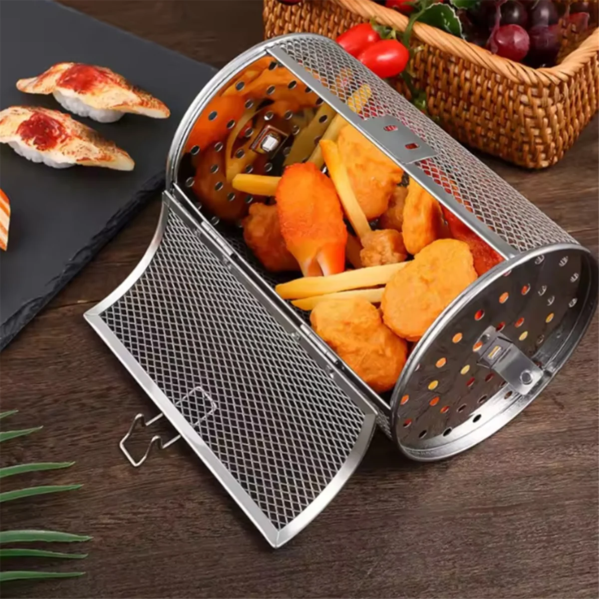 A20M Stainless Steel Grill Rotisserie Oven for Kitchen Fry Basket Coffee Bean Grilled Cage Drum Rack Air Fryer Accessories