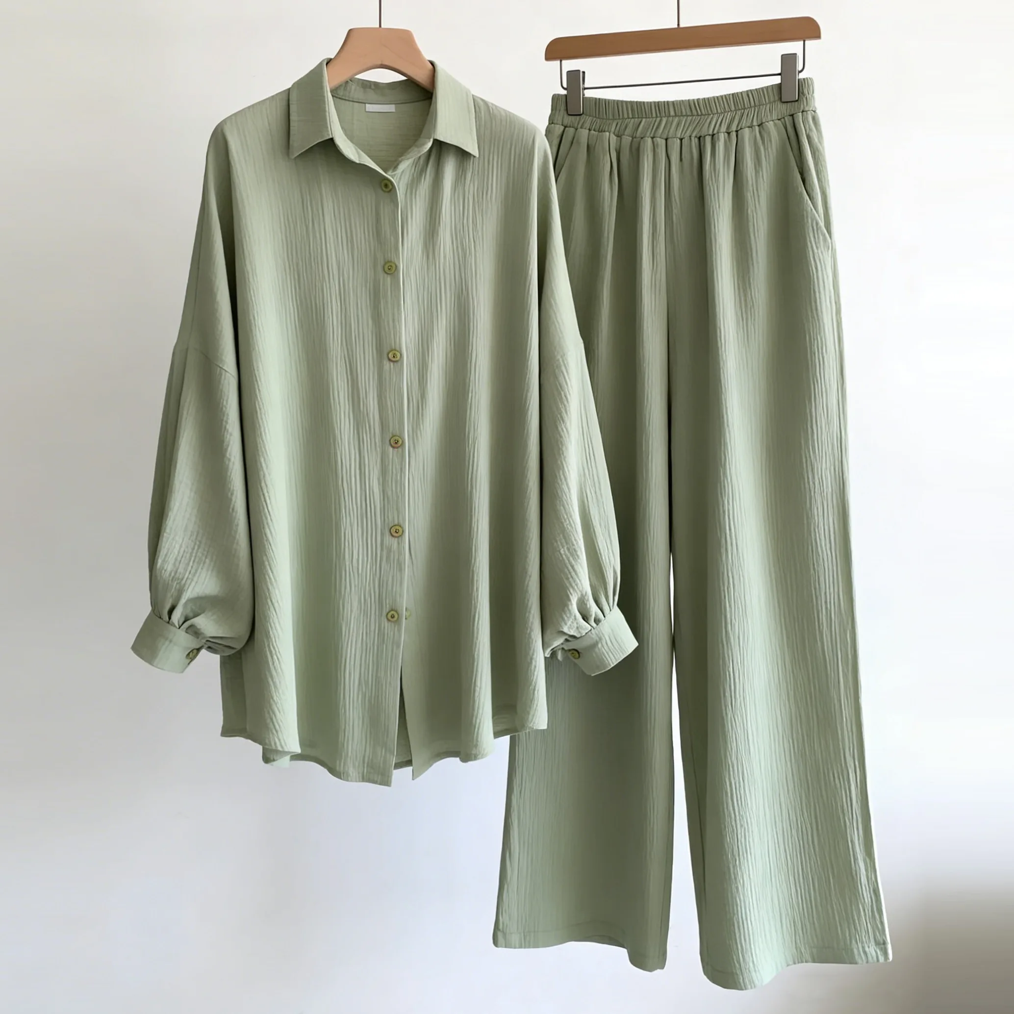 

SuperAen Cotton and Linen Women's 2026 Spring New Loose Ruffled Long Sleeve Shirts High-waisted Wide-leg Pants Two-piece Sets