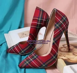 Women Red Green Checkered Cloth Fabric Shallow Pumps Pointed Toe Slip-On Dress Shoes 12cm 10cm 8cm Stilettos Banquet Heels