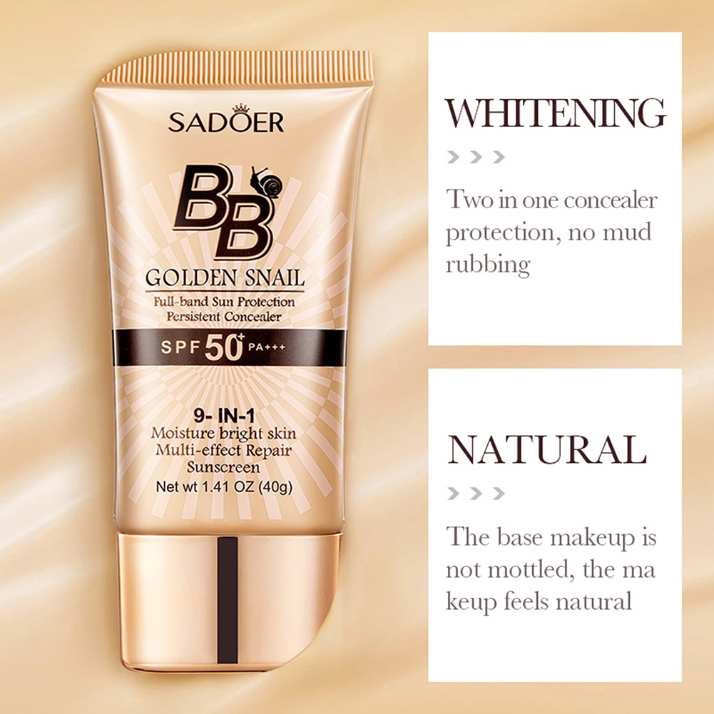 40g Gold-Snail Sunscreen Bb Cream,Waterproof Sunscreen Makeup Base,Anti-Aging-Foundation SPF50 Moisturizing Repair Cream