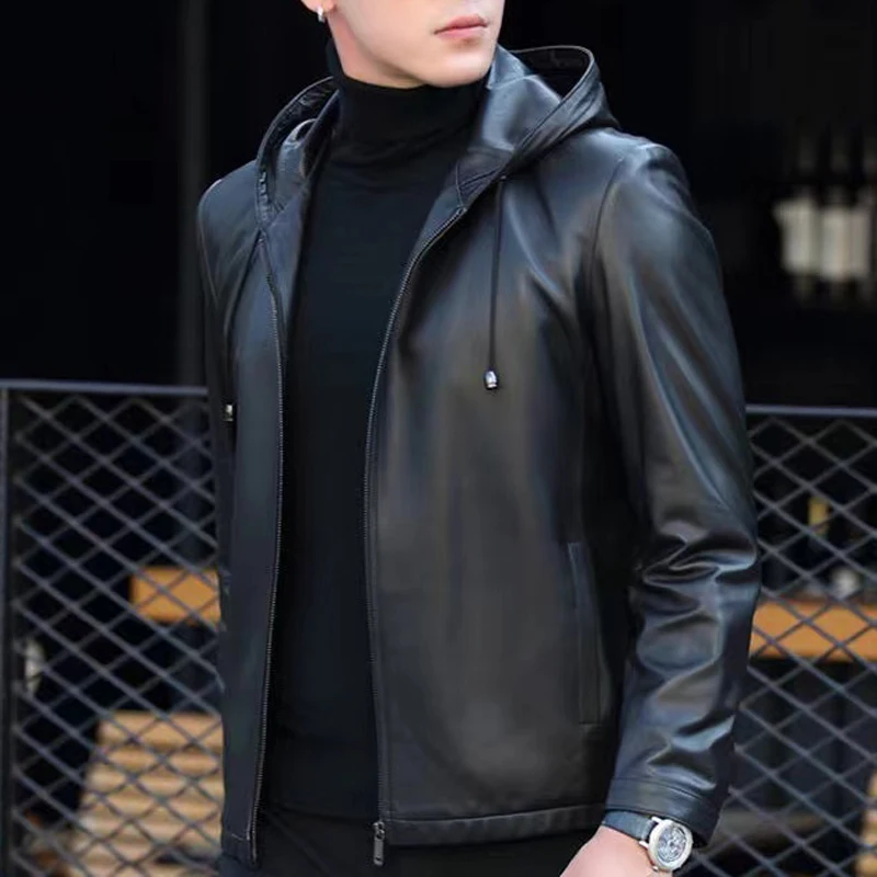 Veste en cuir véritable pour hommes, manteau court en peau de mouton avec capuche, vêtements décontr