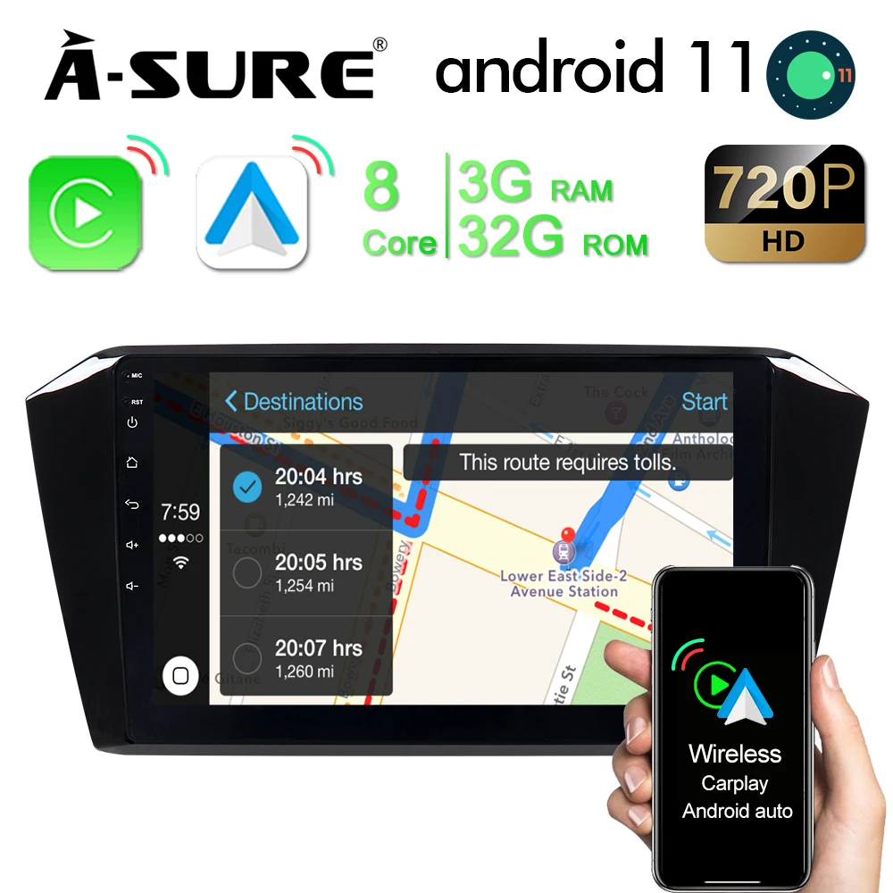 A-Sure 2 Din 10.1 Inch Wireless CarPlay Car Radio Android 11 8 Core 3+32GB DSP GPS Navigation For Volkswagen VW Passat B8 MQB