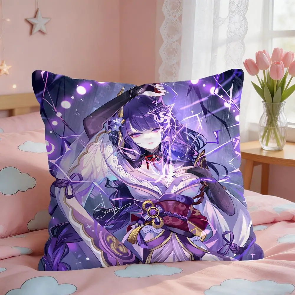 Raiden Shogun Genshin Impact Cushion Cover Square Short Plush Pillow Case Living Room Sofa Home Decor Funda 40X40