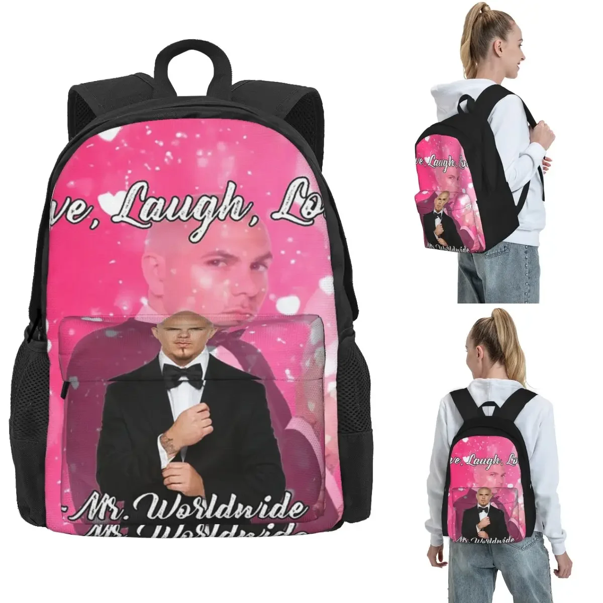 Mr. Worldwide Says To Live Laugh Love Pink Backpack Hot Sale Daypack Large Capacity Children BookBag School Bag  for Men Women