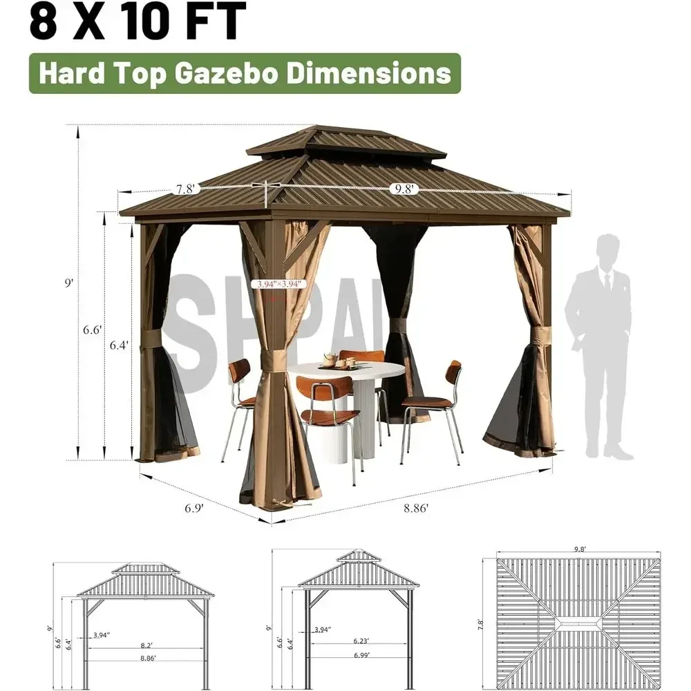 Hardtop Gazebo 8x10 T, Metal Outdoor Gazebos with Galvanized Steel Double Roo, Curtains and Nettings, Permanent Gazebo Pavilion