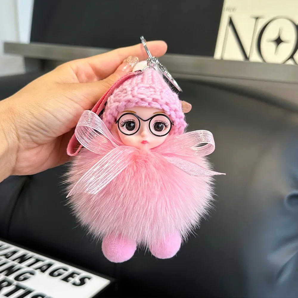 Plush Doll Pompom Sleeping Baby Keychain Fluffy Soft Fluffy Plush Doll Keyring Charm Fashion Cute Pompom Keychain Women