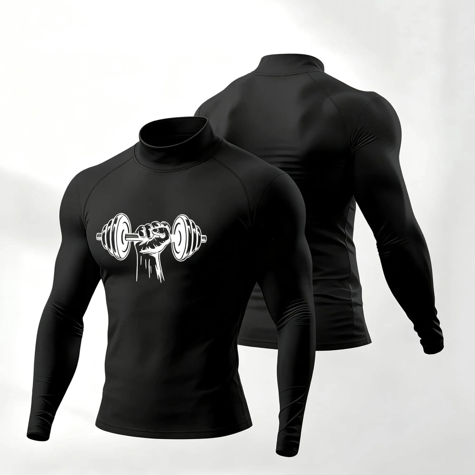 Men Bodybuilding Compression Top Half‑Collar Long Sleeve Simple Dumbbell Hand Print Breathable Workout Shirt