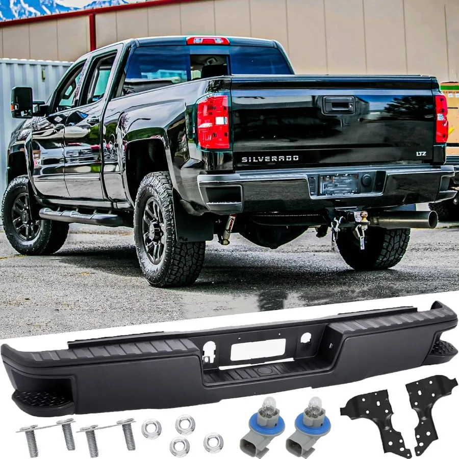 مجموعة المصد الخلفي من الفولاذ لسيارة تشيفي سيلفرادو 1500 جي إم سي سييرا 1500 بدون فتحات مستشعر الحديقة المصد الخلفي الأسود