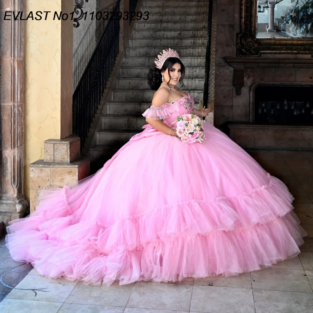 

EVLAST Customized Glitter Pink Quinceanera Dress Off Shoulder Applique Beaded Tiered Corset Sweet 16 Vestidos De 15 Anos E1QN613