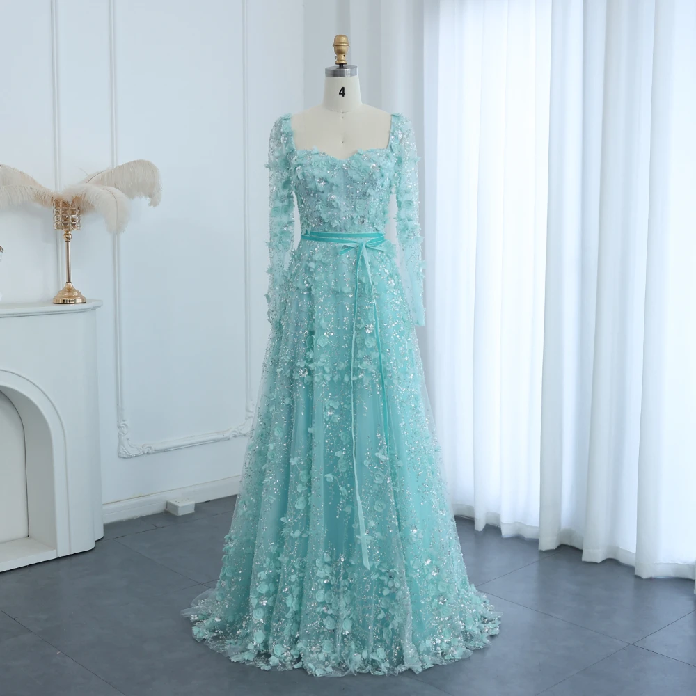 Luxury 3D Flower Evening Dresses Fashion Square Collar Long Sleeves Sequined A-Line Party Gowns Chic Floor Length Prom Dresses