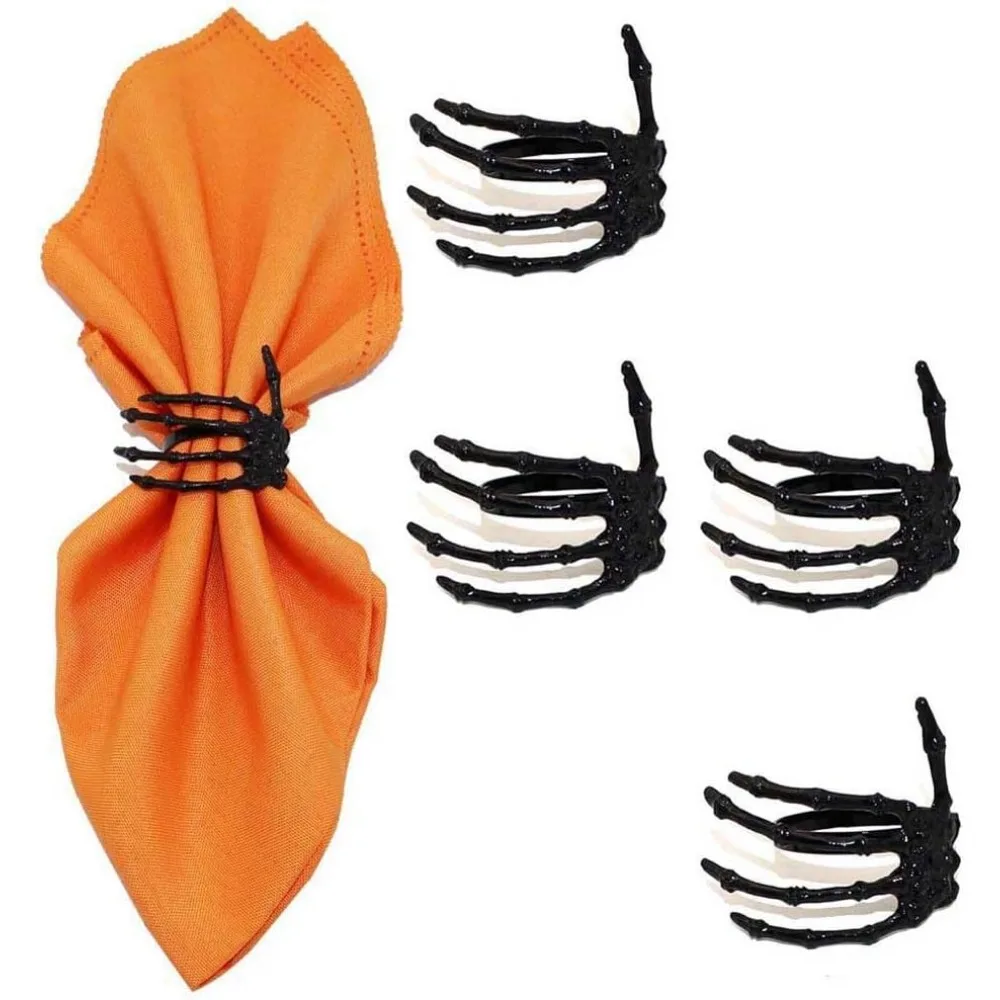 

Skeleton Claw Napkin Ring Set - 4pcs Black Modern Napkin Rings with Rhinestones for Wedding Banquet & Halloween Party