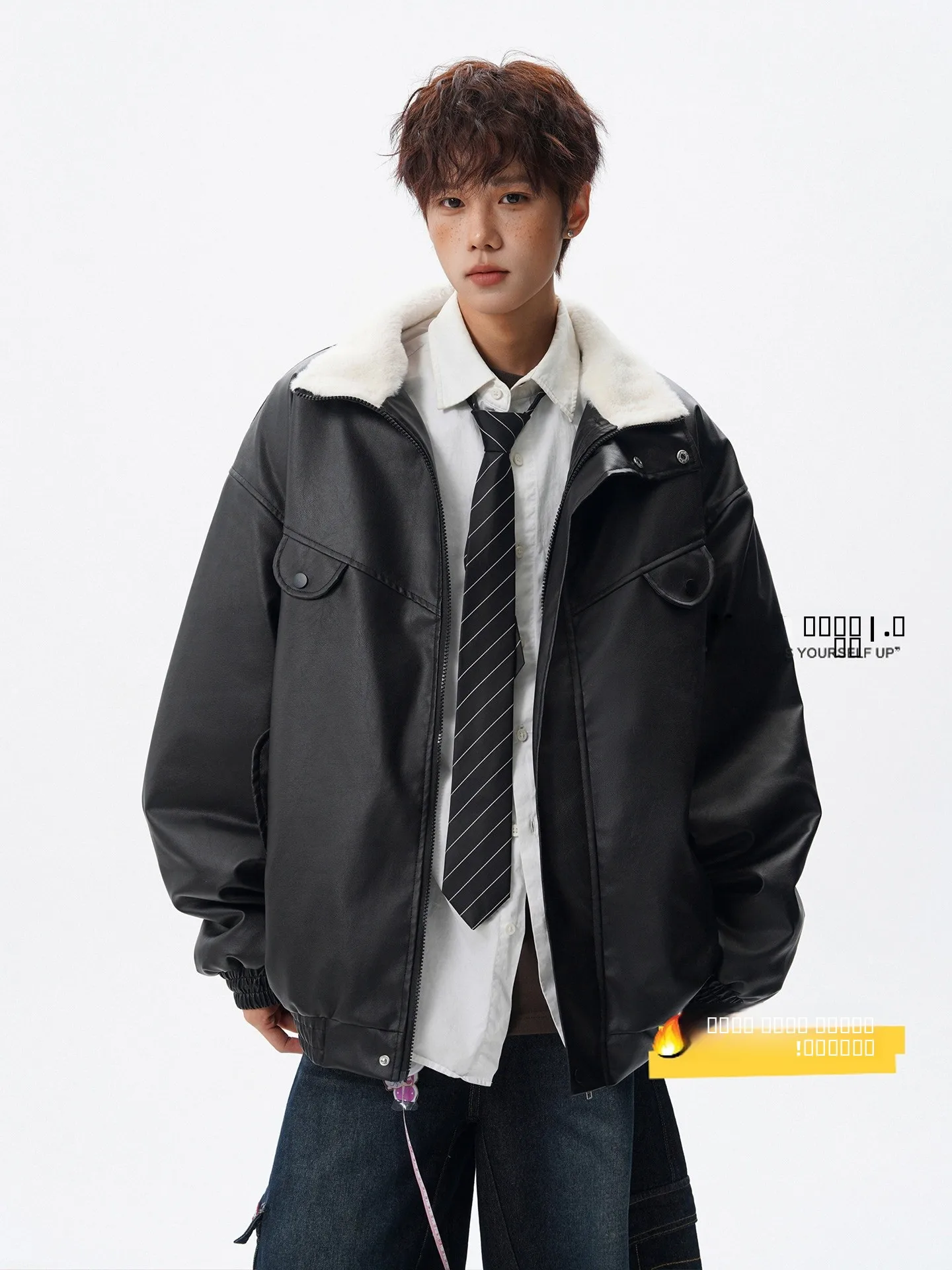 

American Sle Lamb Fur Collar Cotton Jaet Men Winter Trendy Loose Casual Thiened Warm PU Leather Cotton Coat Outerwear