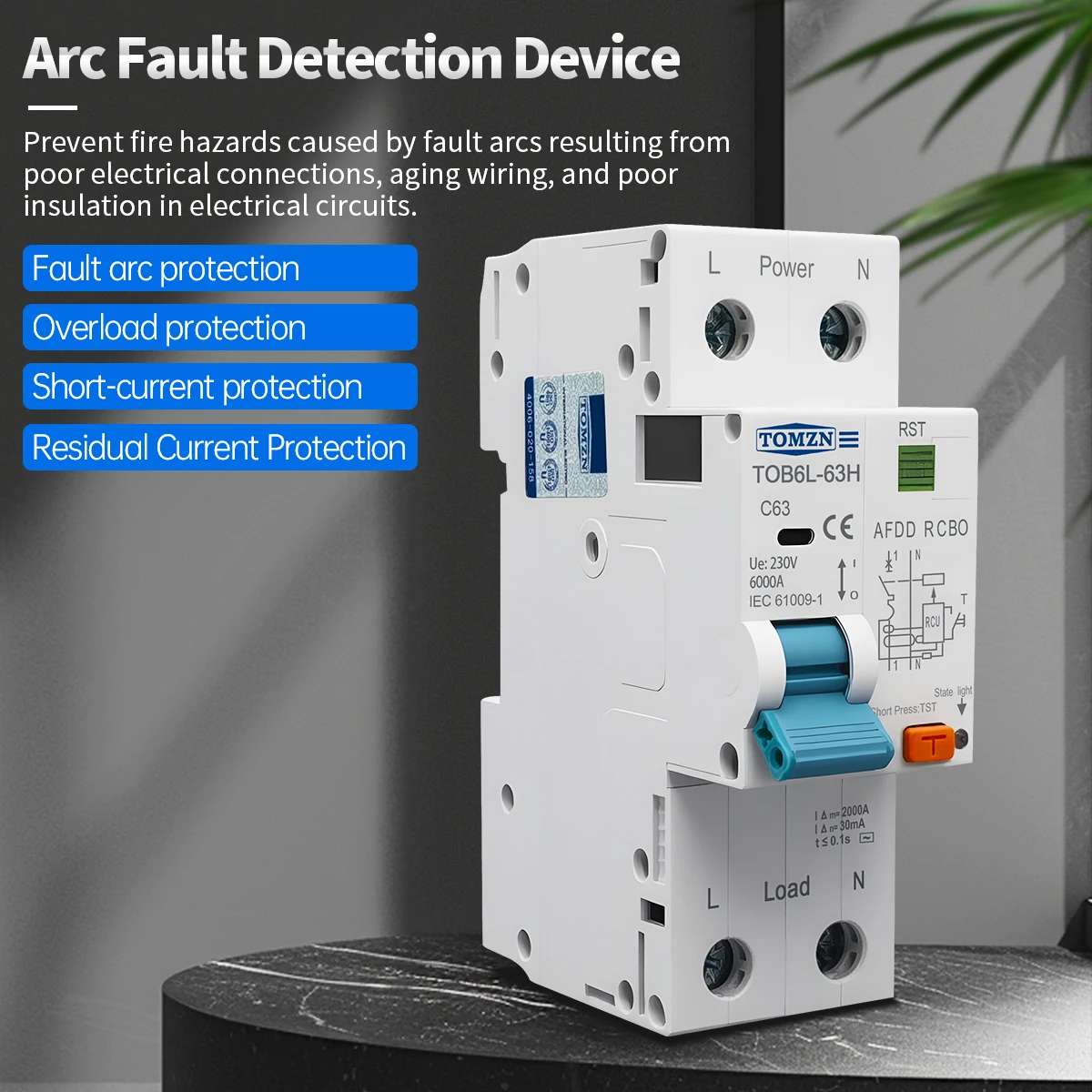 TOMZN TOB6L-63H AFDD RCBO Fault Arc Protection C Curve Type 1P+N 230V AC 10-63A Short-circuit Overload Protection DIN Rail