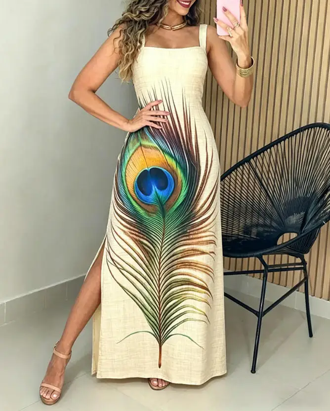 

Women's Dress Summer New Fashionable and Elegant Style Feather Print Square Collar Waist Design Slit Sleeveless Suspender Dress
