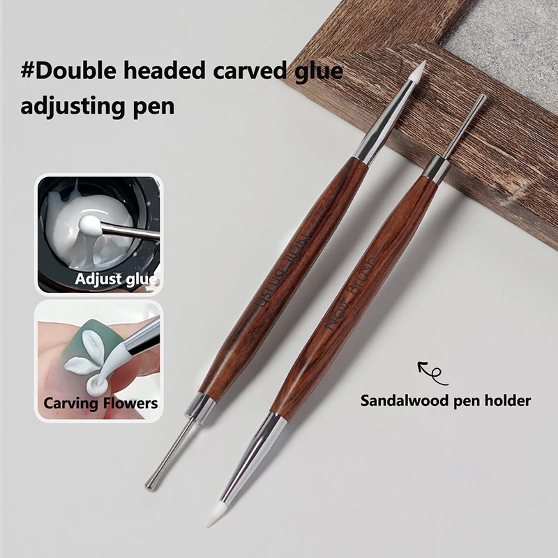 Wood Double Headed Nail Art Silicone Brush Carving Flower Painting Pen DIY Manicure Tools Stainless Steel Glue Mixed Pen