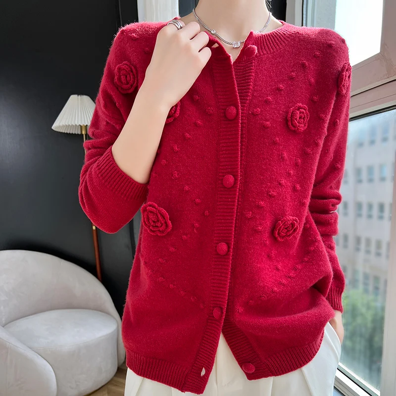 Camellia wool cashmere sweater knit cardigan women\'s round neck autumn and winter 2023 new drum loose pure wool top Hot fashion