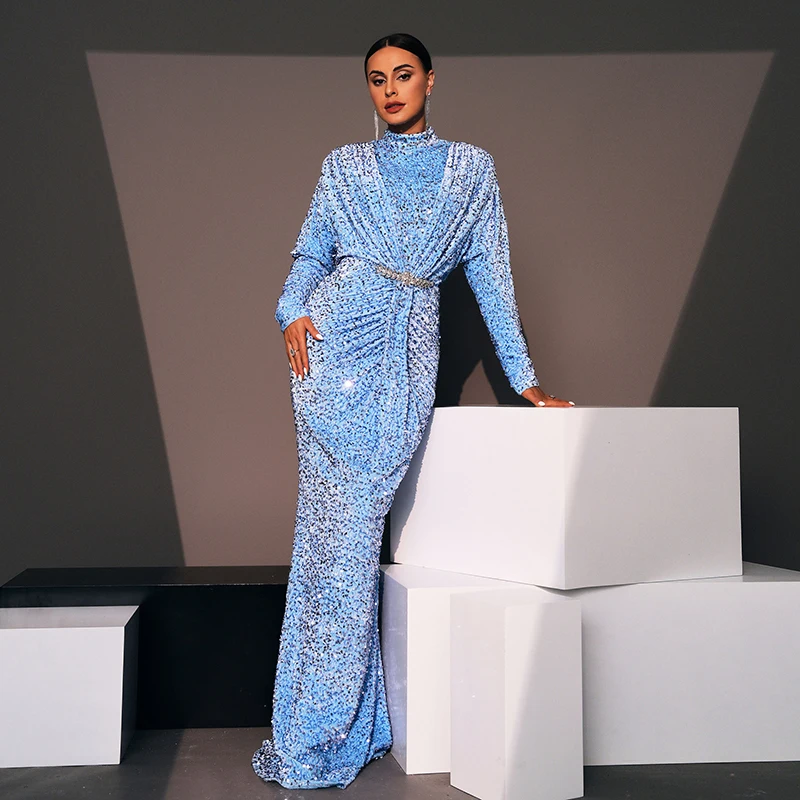 2024 New Women Long Sleeve O neck Blue Dresses Elegant Sequined Prom Cocktail Party Wear Wedding Evening Maxi Dress