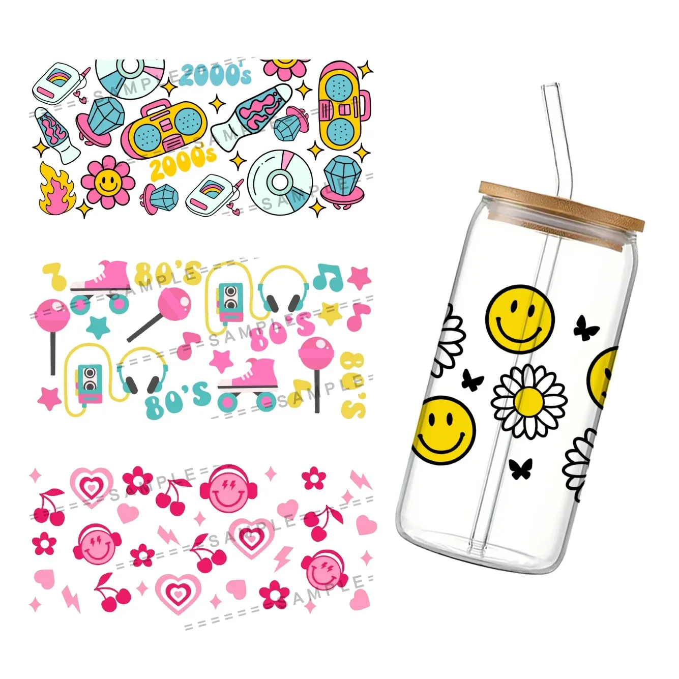 

Retro 90s For Libbey 16oz Can Glass UV DTF Coffee Can Wrap Libbey Glass Wrap Retro Series