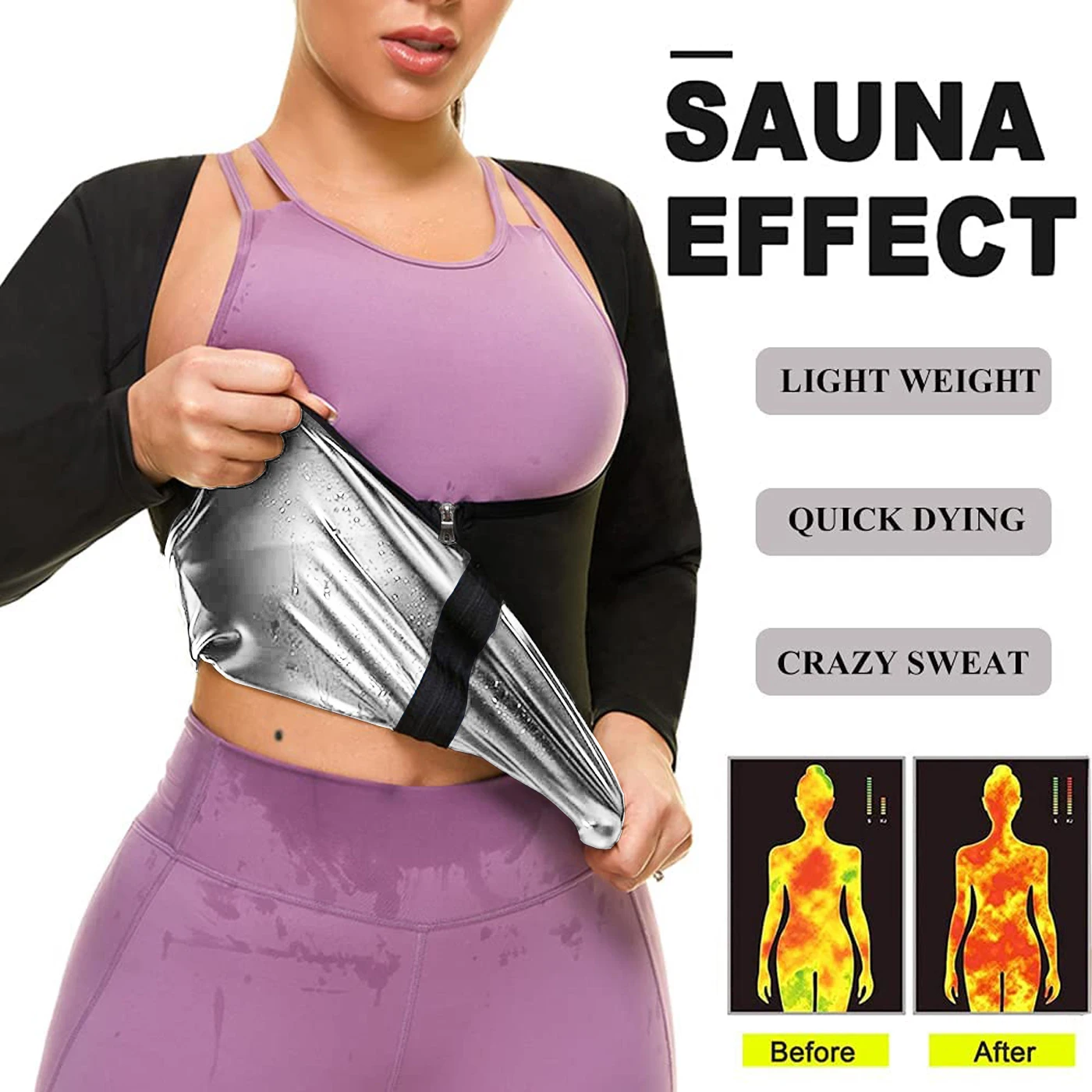 LISA SWEAT Sauna Suit for Women Sweat Body Shaper Hot Waist Trainer Long Sleeve Zipper Shirt Workout Top Silver