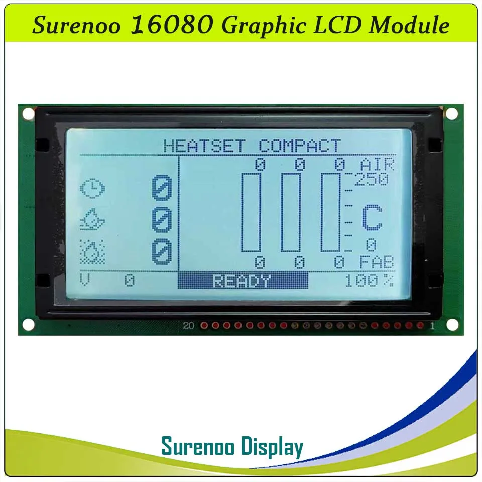 Surenoo 16080 160*80 Graphic LCD Module Display Screen Panel Replacement for Compatible with Powerchip PG16080A 16Pin Cable