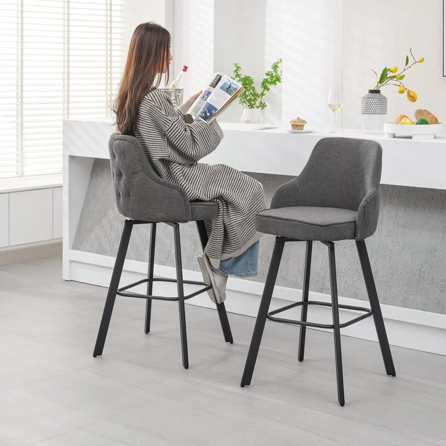 Bar Stools Set of 4, 30" Swivel  Height  Stools with High Back, Linen Kitchen Barstools  Height for Kitchen Island