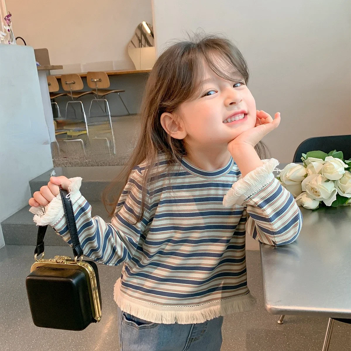 

2023 Autumn New Striped Long sleeved Baby T-shirt Korean Girls' Knitted T-shirt boys clothes girl clothes