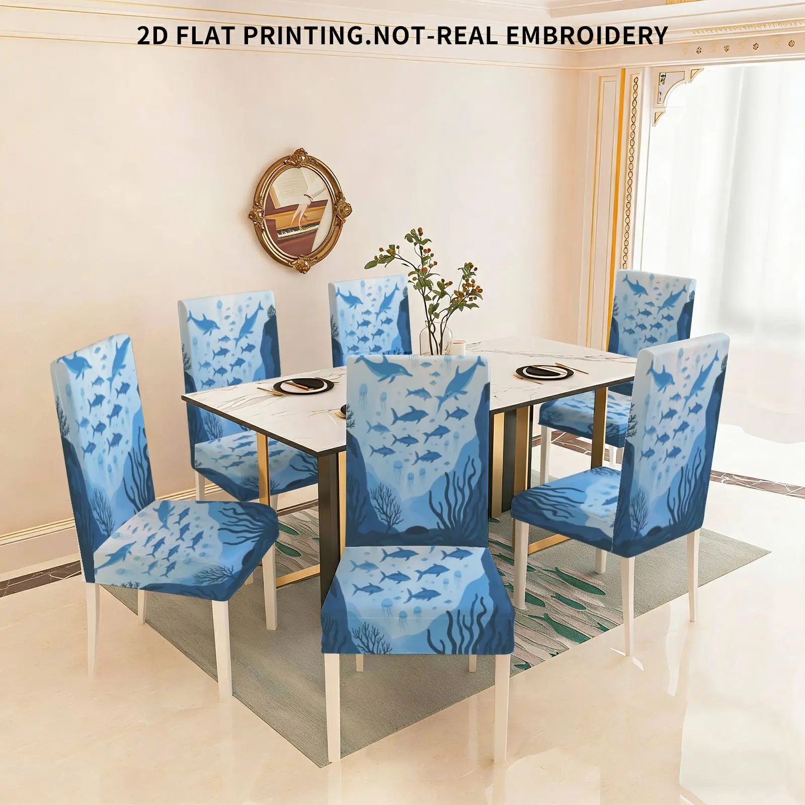 

Набор обеденных стульев с плоским принтом и растягивающейся тканью, с изображением подводного мира, дельфинов и медуз, съемные чехлы для стульев.