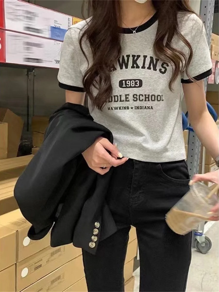 

Pure Cotton Slim Fit American Print T-irt Women's Summer New Color Retro Contrast Color Casual Sle round Ne