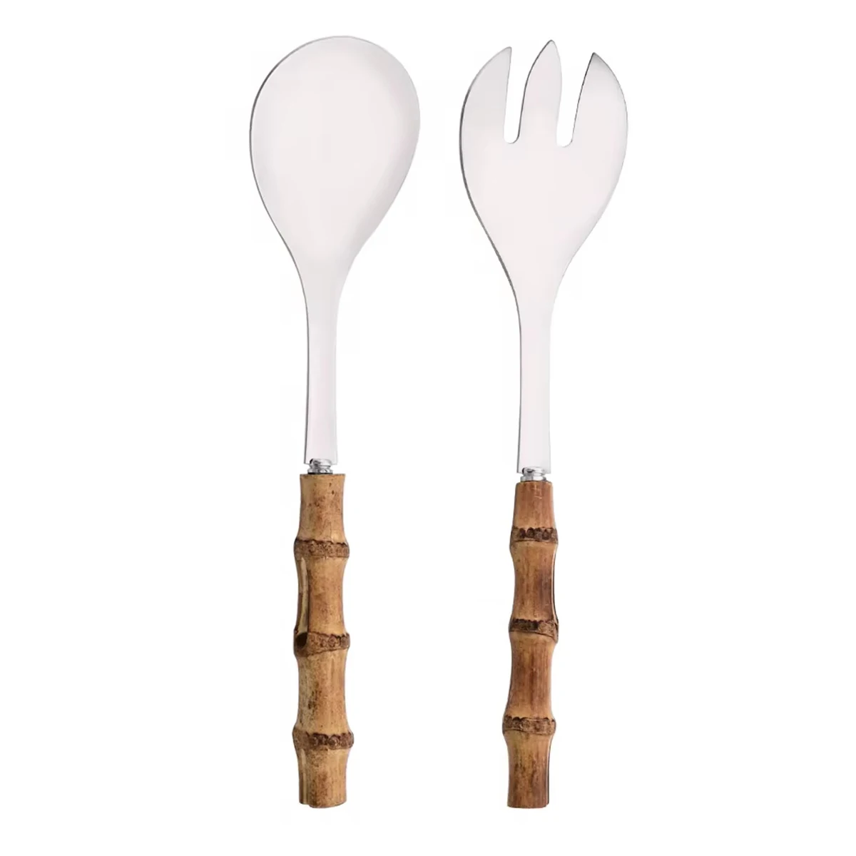 2Pcs Silver Dinnerware Set Stainless Steel Cutlery Wood Bamboo Handle Food Serving Salad Spork Server Fork Spoon Tableware Set