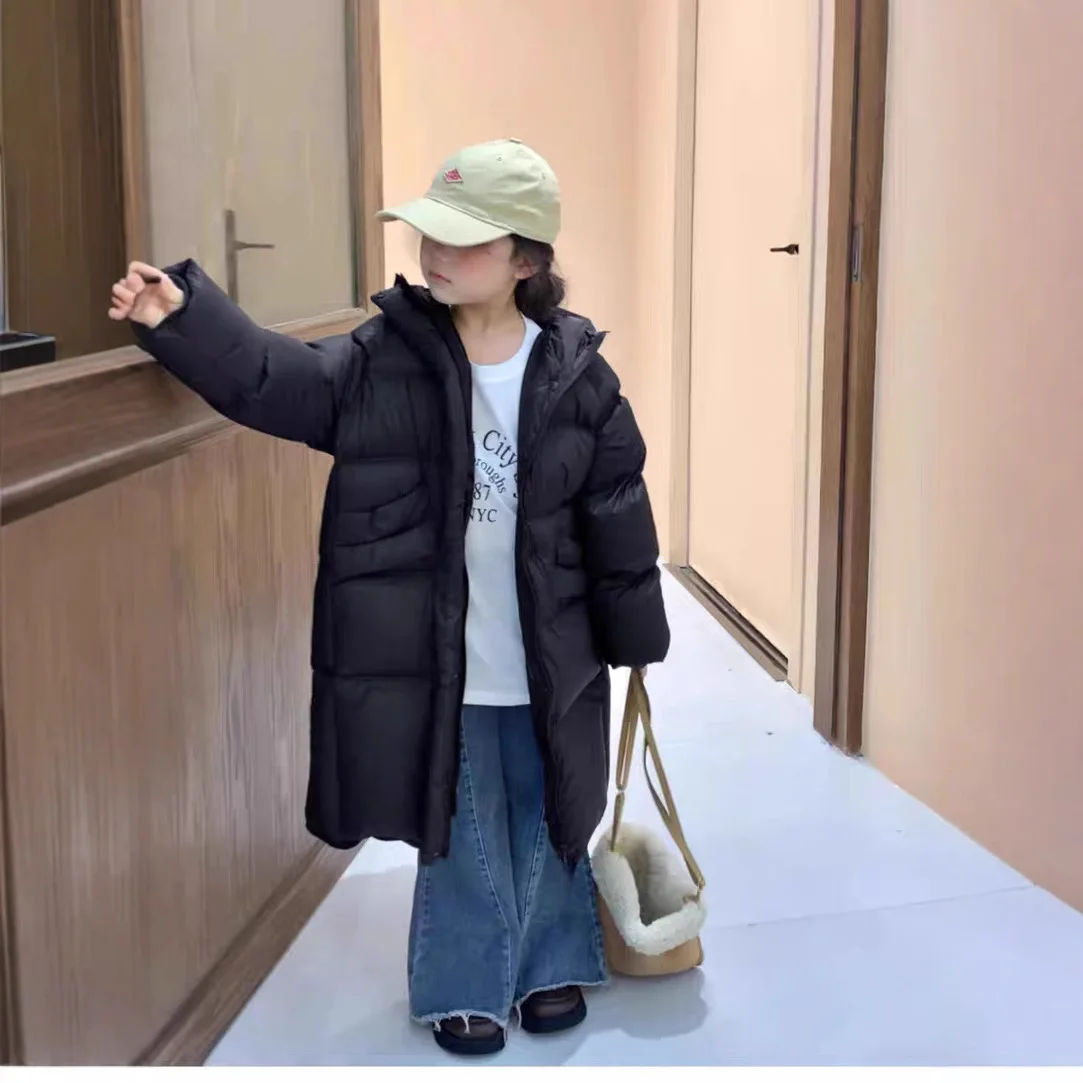 -30 ℃   سترة شتوية للفتيات المراهقات بتصميم جديد طويل بلون سادة وسميكة ودافئة مع قلنسوة من القطن للأسفل سترة عصرية للأطفال من سن 5 إلى 14 سنة