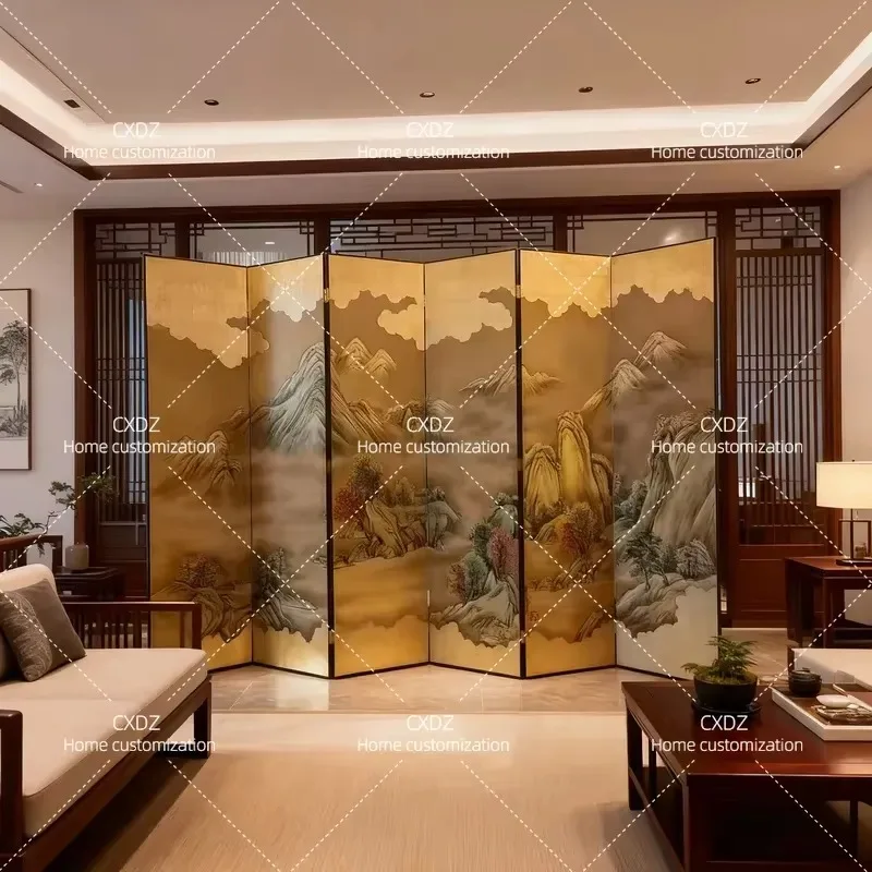 Custom Hand Painted Lacquer Gold Foil Relief Landscape Folding Screen for Hotel Lobby Restaurant Living Room Tea Room Decor