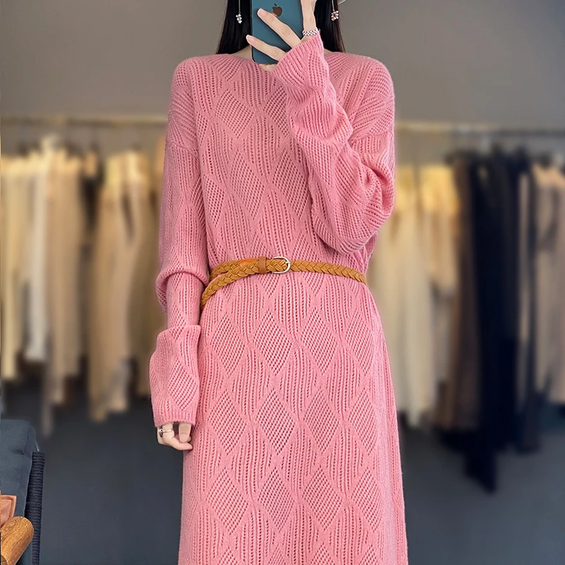 Korean Straight Knit Dress Female 100% Merino Wool Loose Plaid Long Skirt Spring Autumn Winter Fashion Temperament Dress