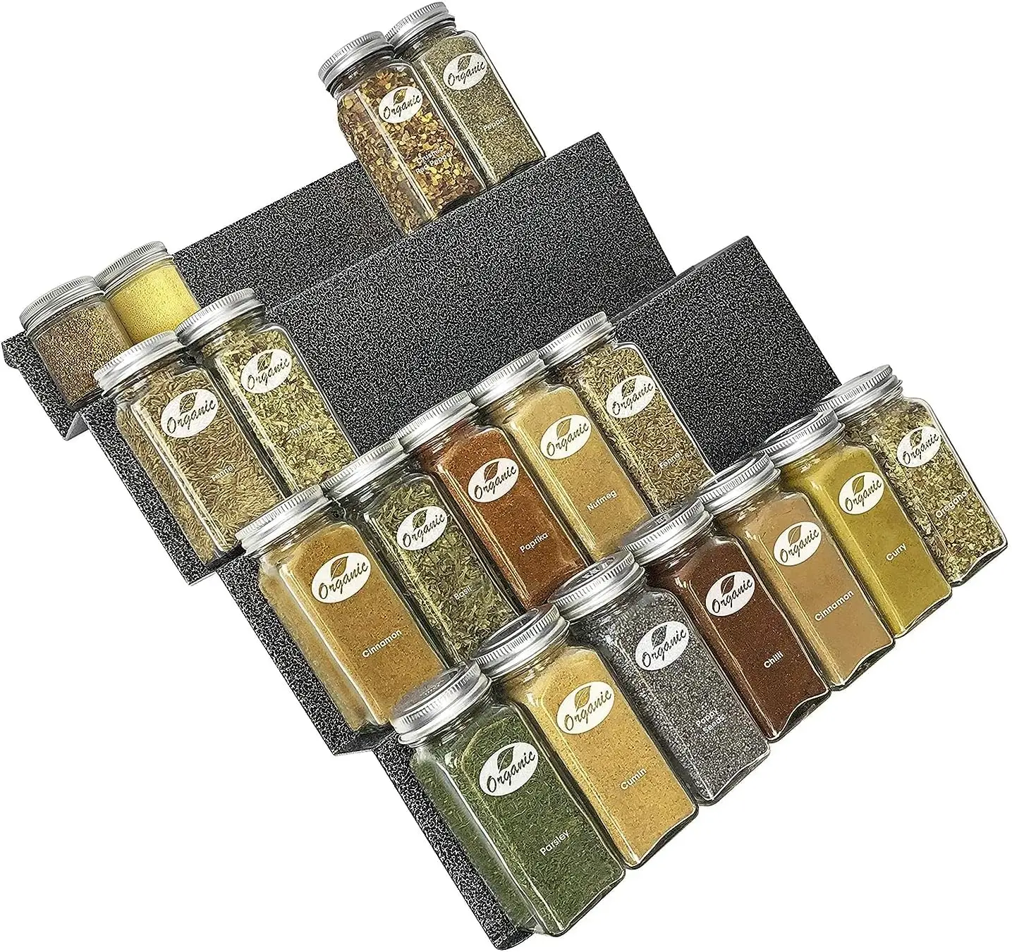 

® Spice Drawer Organizer - Heavy Gauge Steel 4 Tier Rack - Drawer Insert Tray for Jars, Herbs and Seasoning - Kitchen C