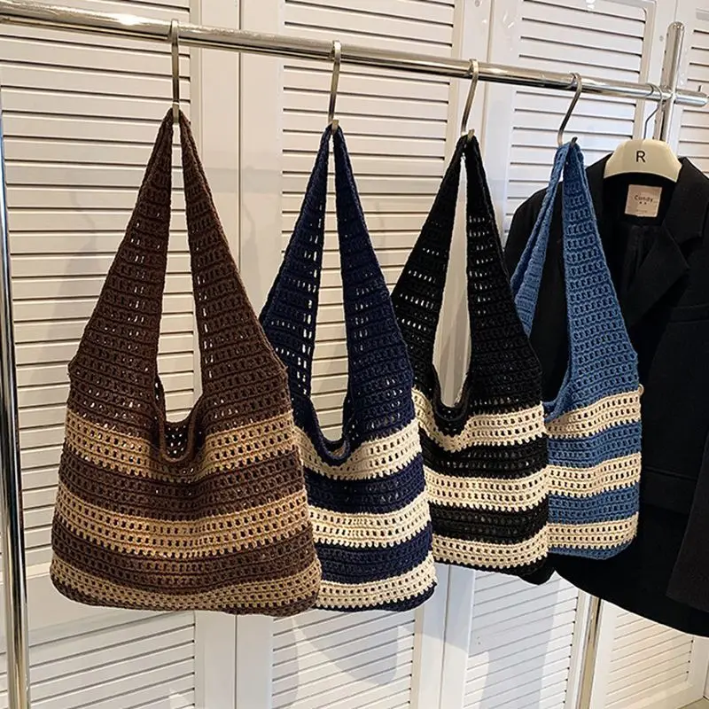 

Вязаная сумка с контрастными полосками, ажурная сумка-тоут, сумка через плечо, ретро-стиль, европейский и американский дизайн, универсальная модель.