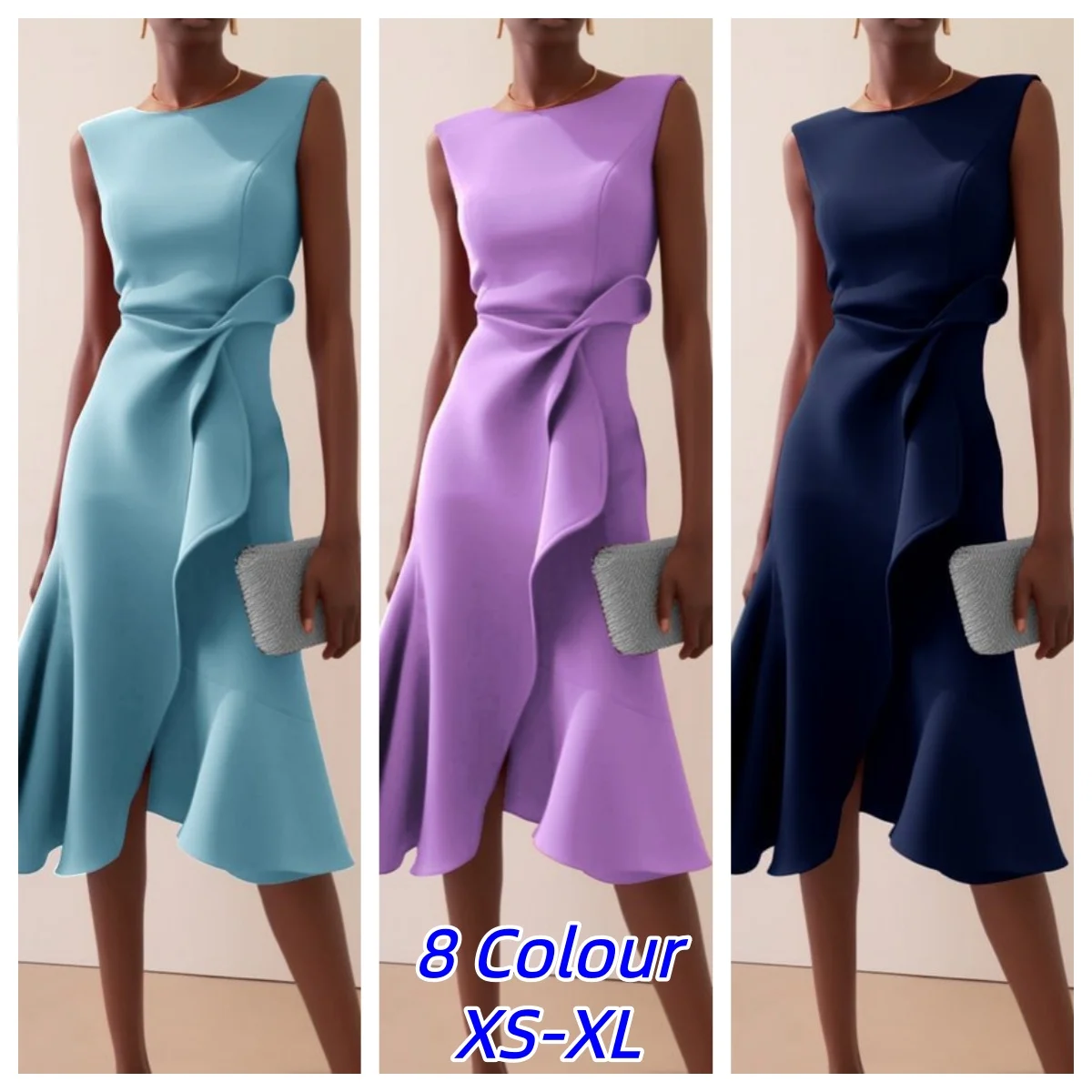 Sexy Damen Elegantes O-Ausschnitt Einfarbiges Bürokleid mit Knoten, Schlankes Rüschenkleid, Unregelmäßiges Ärmelloses Sommerkleid, A-Linie mit Hohem Schlitz für Hochzeit und Party