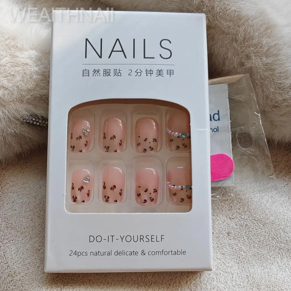 24PCS Acrylic Nail Long French Pressed Powder Full Set Square Spicy Girl Fashion Leopard Pattern Fake Nail Diamond Wearing Nail